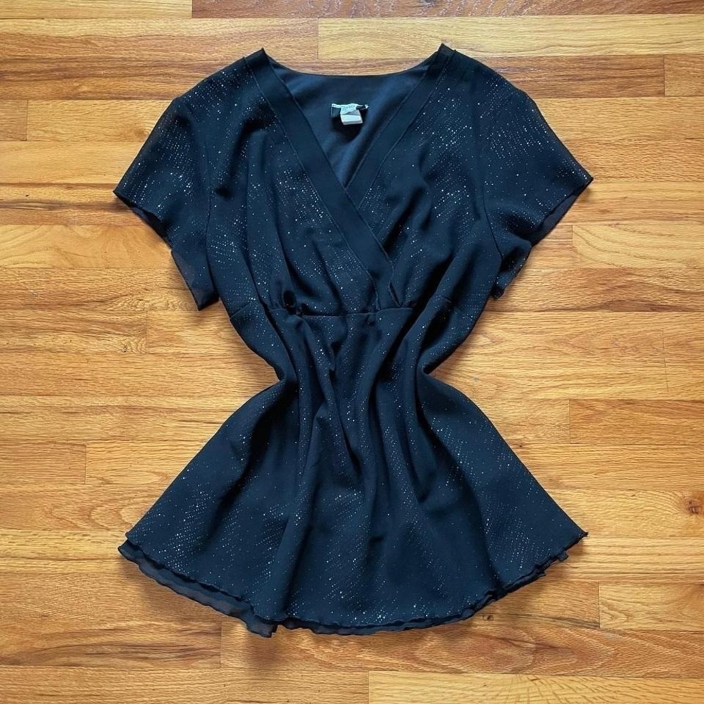 Vintage Y2K 90s Black Sparkle V Neck Top Size 22/24 Whimsygoth Goth Elegant